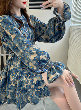 遮肚子显瘦碎花蓝色上衣高级感中长系带蝴蝶结法式衬衫长袖衬衣秋