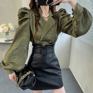 西装 女轻奢高级感上衣宽松长袖 领衬衣秋 2024新款 复古立体压花衬衫