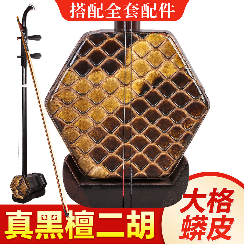 黑檀二胡大皮大菱格蟒皮二胡琴黑檀木专业成人演奏考级二胡乐器