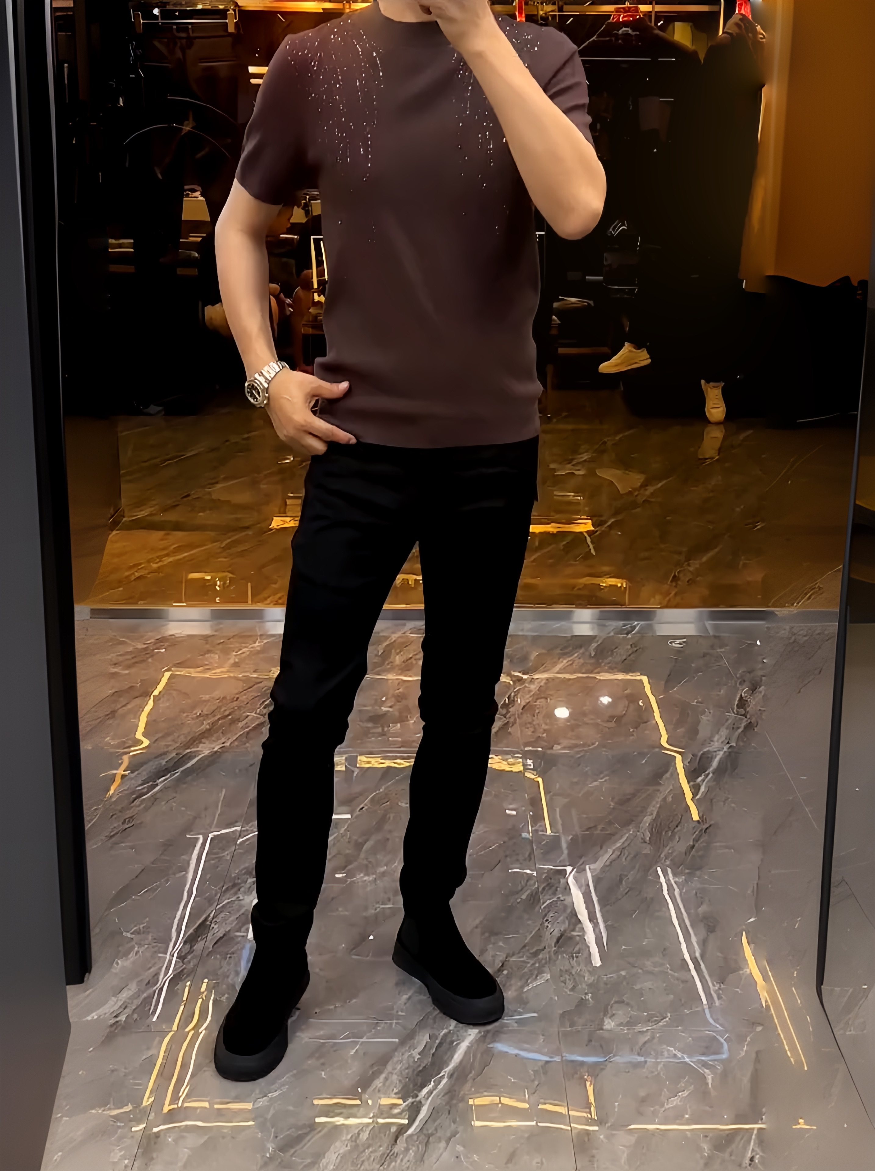 秋冬毛衣男2025新款潮牌套头针织男士半袖打底衫潮牌翅膀烫钻体恤