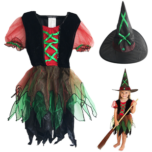 万圣节儿童节表演cosplay儿童巫婆扫把夏亚女巫精灵女童服装