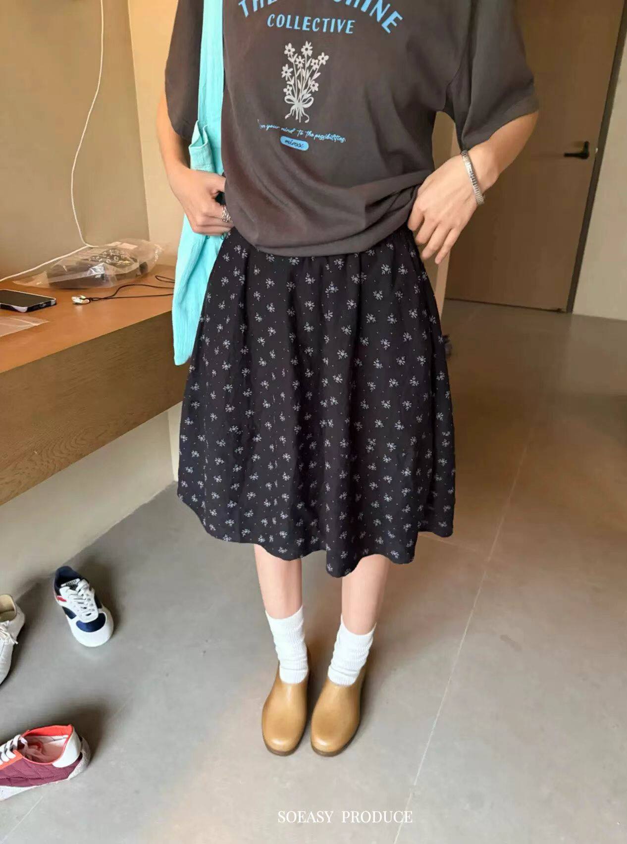 NUWA韩系新款复古小碎花裙子高腰半身裙女夏季设计感小众花苞半裙