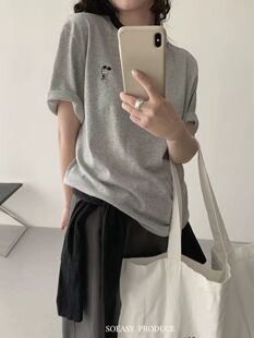 NUWA夏季新款韩版百搭显瘦短袖衬衫上衣女装潮刺绣大嘴猴卡通T恤