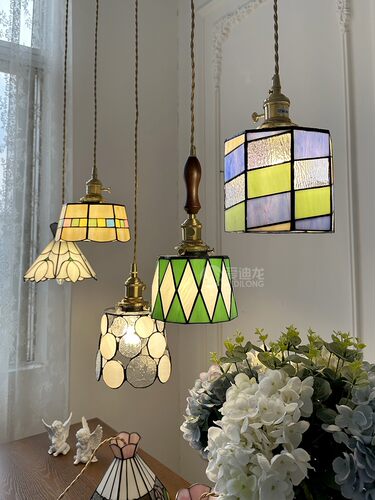 手工制作日式复古黄铜绿色玻璃吊灯餐厅灯床头彩色小玻璃吊灯