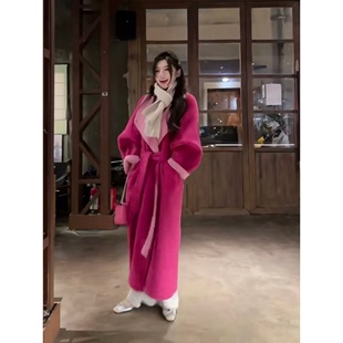 双面呢温柔风粉色毛呢大衣女长款系带收腰外套今年流行爆款粉色系