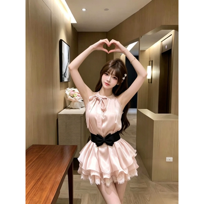 法式夏季千金甜美纯欲无袖上衣收腰蝴蝶结蕾丝设计感半身裙套装女