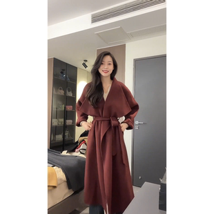 赫本风复古风酒红色长款毛呢连衣裙女束腰大摆裙高级感秋冬长外套