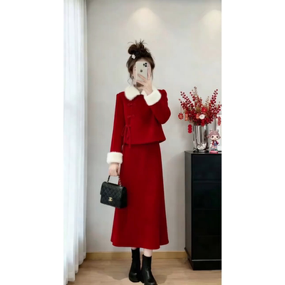 新中式红色两件套女冬季毛绒翻领上衣半身裙套装氛围感保暖修身型