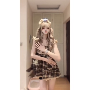 裙 日系甜美可爱少女格子抹胸连衣裙蕾丝花边蝴蝶结背带裙两件套装