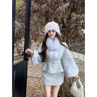 千金风蓝色毛呢套装女冬装毛领外套半身裙两件套腰带高级感套装裙