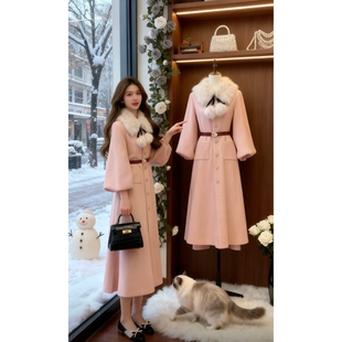 千金风毛领收腰长款毛呢外套女高级感气质呢子大衣冬季中长款外套
