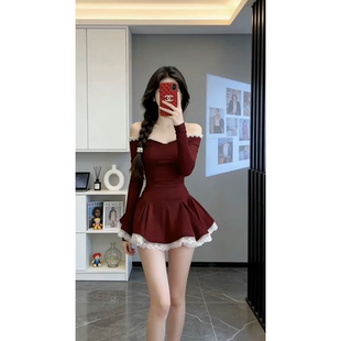 气质名媛性感酒红色黑色蕾丝一字领连衣裙收腰蓬蓬裙高级感礼服裙