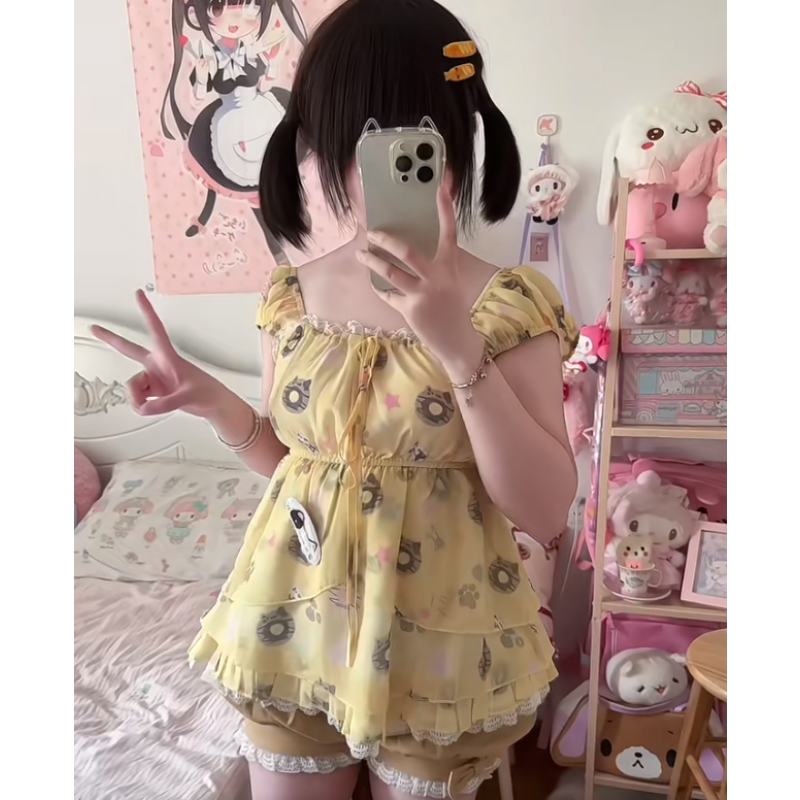 甜美可爱少女新款撞色短袖上衣蝴蝶结蕾丝蛋糕蓬蓬裙夏季短裤套装,女装/女士精品,时尚套装,淘宝优惠券,粉丝福利购,淘宝优惠卷