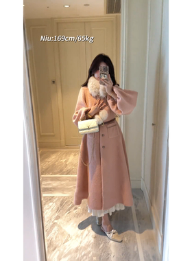 法式富家千金小香风外套毛领拼接大衣秋冬新款保暖毛球系带名媛风