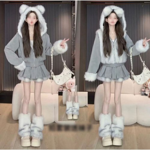 暖乎乎冬日兔耳连帽套装女冬季毛绒两件套时尚宽松新款时尚套装女