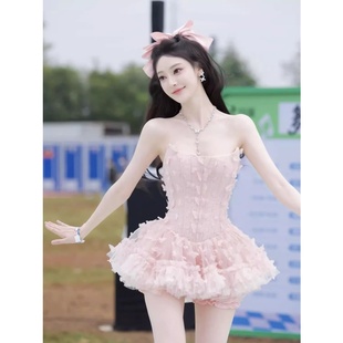 纯欲甜美少女纯欲风抹胸连衣裙蓬蓬裙短裙收腰短裤 设计小个子 套装