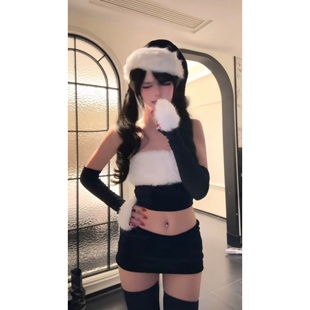 剪裁抹胸套装 可爱风黑白拼接抹胸短裙两件套女夏季 性感显身材修身