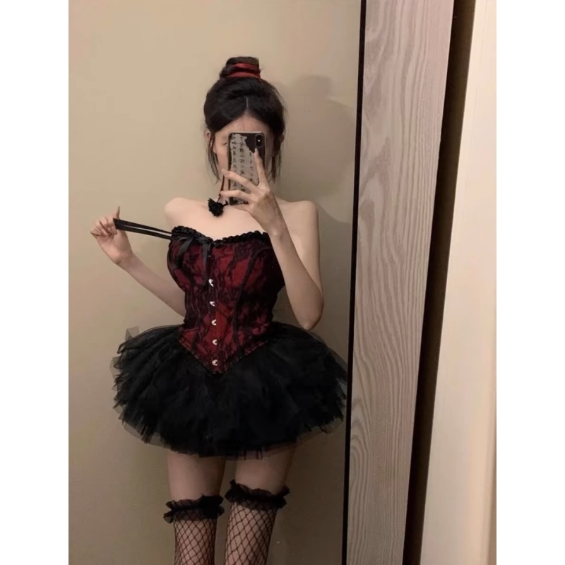 万圣节穿搭复古纯欲宫廷风辣妹蕾丝抹胸上衣网纱蓬蓬短裙性感套装