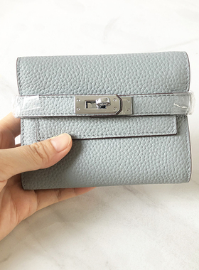 头层牛皮荔枝纹钱包短款h凯莉钱包三折女士零钱包多卡位锁扣短夹