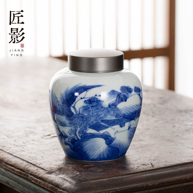 釉下青花瓷茶叶罐家用复古绿茶存储罐陶瓷密封罐竹盒装双罐礼盒装