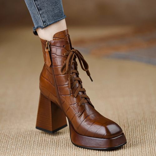 头层牛皮2025新款复古百搭短靴方头系带厚底防水台小个子时装女靴