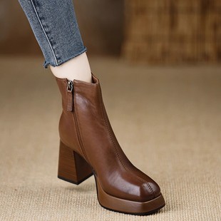 头层牛皮2025秋冬款 方头厚底防水台小个子高跟短靴复古英伦风女靴