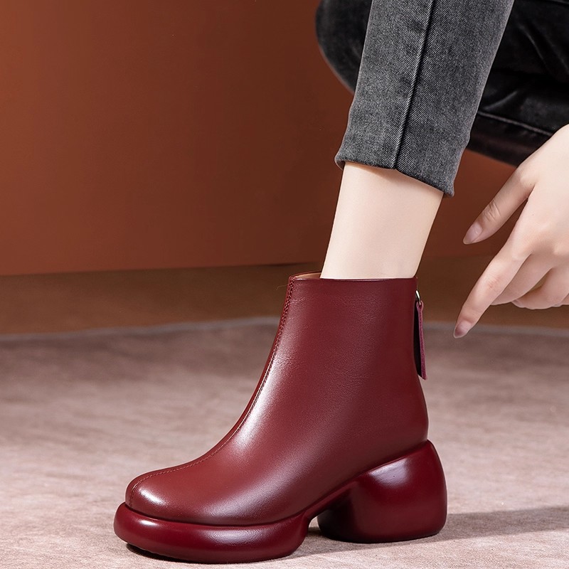 头层牛皮2025秋冬新款粗跟舒适安哥拉红短靴厚底防水台保暖马丁靴
