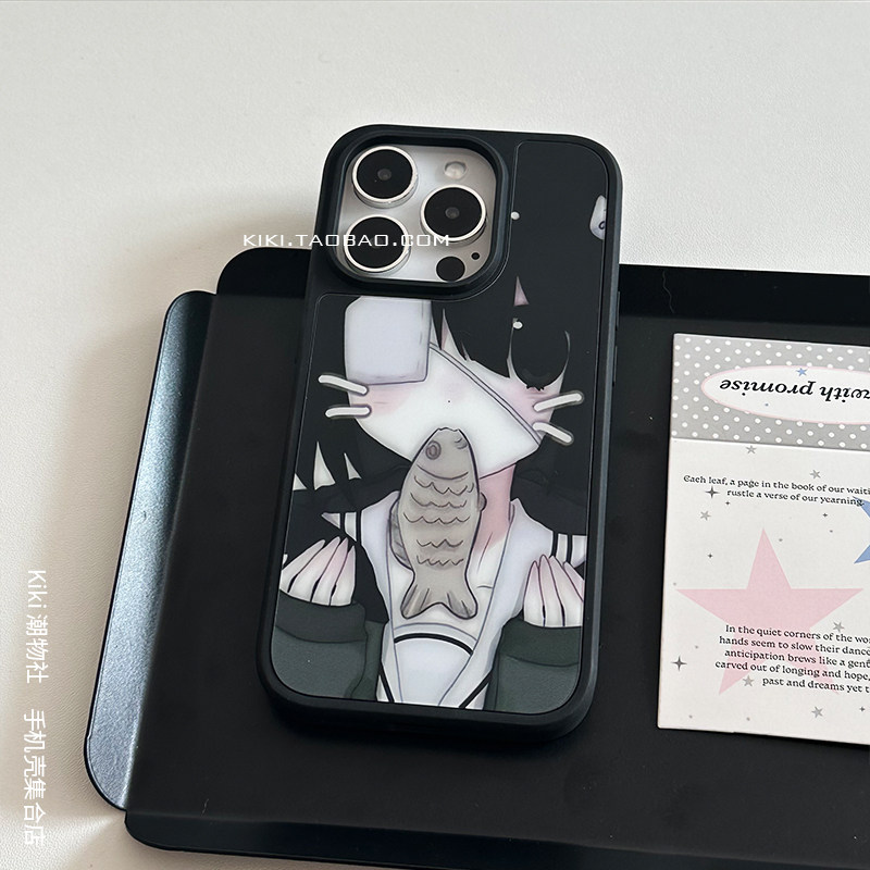 二次元眼罩叼鱼猫娘适用iphone17promax手机壳16磨砂玻璃14plus黑边框硬壳15苹果13双层亚文化12磁吸手机壳