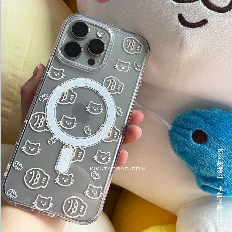 ins鲷鱼烧猫咪适用iphone17promax手机壳14plus黑框16磁吸15透明13创意12磨砂边框11大孔手机壳
