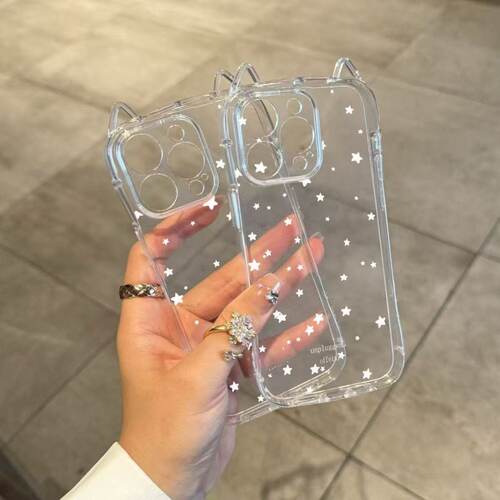 简约满屏白色星星适用iphone17promax手机壳14plus立体猫耳朵16软壳15透明13少女12放小卡照片11小蛮腰手机壳