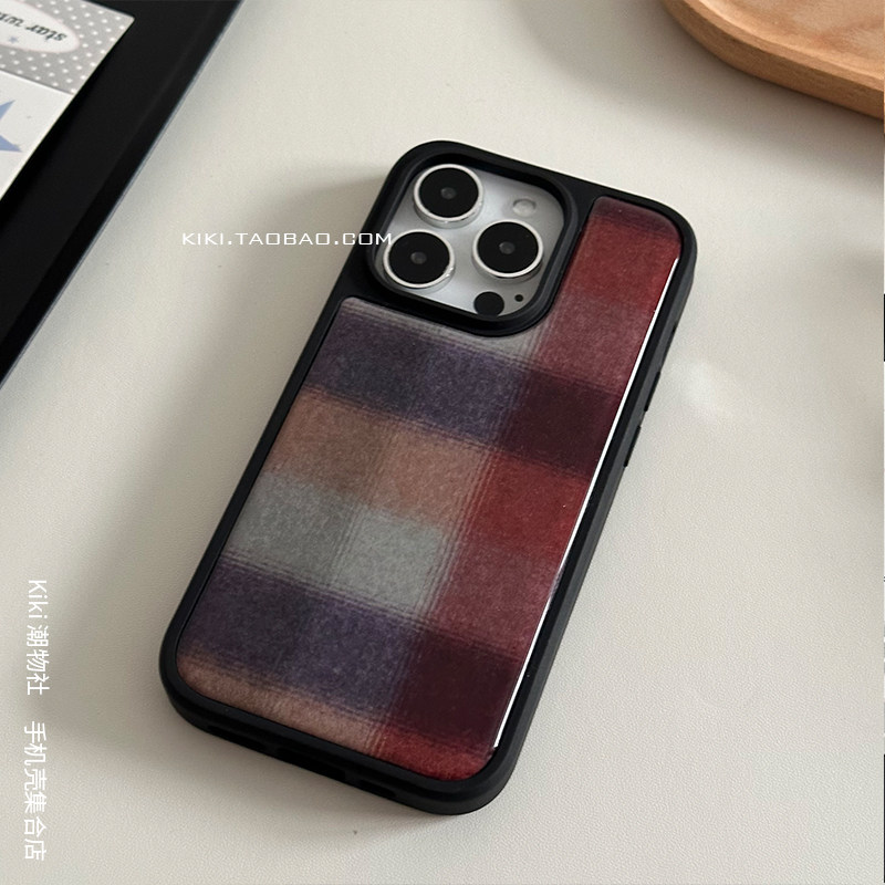 韩版简约格纹适用iphone17promax手机壳16滴胶14plus黑边硬壳15苹果13双层水凝胶高级手机壳