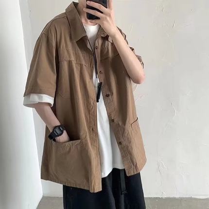 工装短袖衬衫男夏季潮流潮牌上衣设计感小众外套港风日系痞帅衬衣