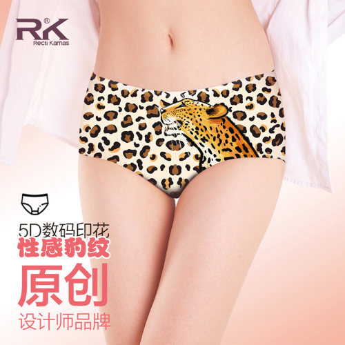 RK豹纹冰丝性感无痕数码个性卡通印花透气网孔棉裆三角中腰女内裤