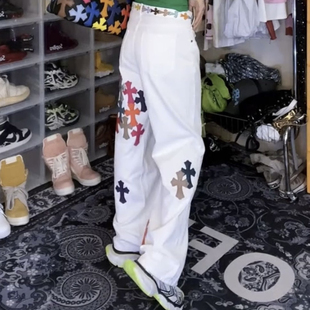 春秋新款白色牛仔裤十字架皮标潮牌裤子女士休闲直筒裤长裤