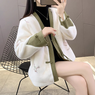 毛毛气质上衣 口皮毛一体厚外套洋气国风时髦女装 V领新中式 拼接袖