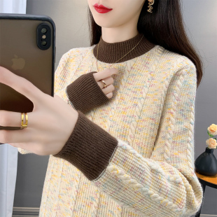 毛衣女款2026新款冬季爆款花纱拼色半高领打底衫女内搭上衣女春秋