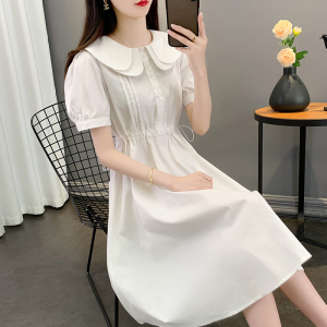 连衣裙2026新款女夏季温柔简约法式收腰显瘦长裙娃娃领短袖女裙子