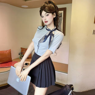 美容院工作服女夏季蓝色衬衫百褶裙套装足浴技师前台接待情趣制服