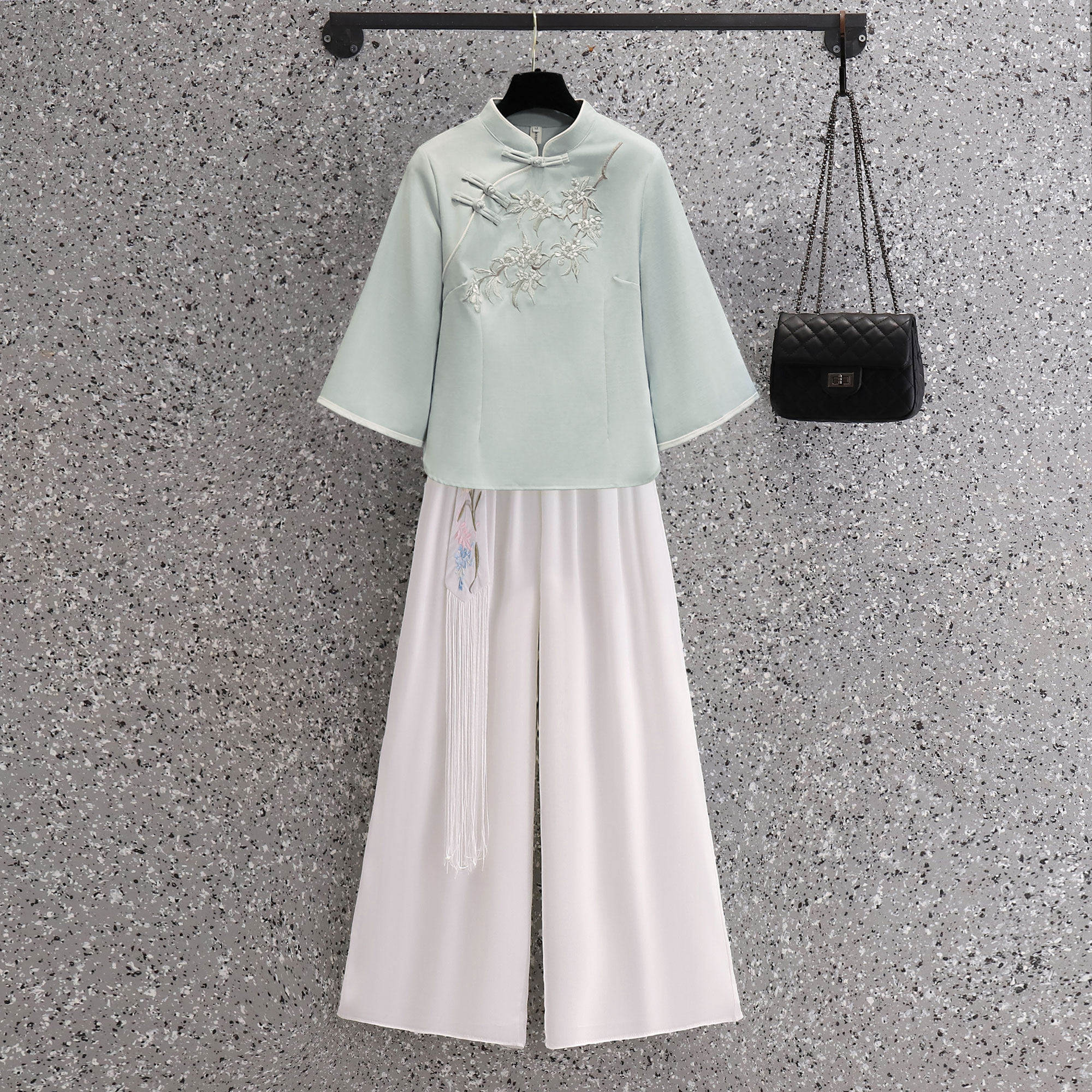 新中式风刺绣上衣女立领盘扣茶艺师工作服茶馆制服套装