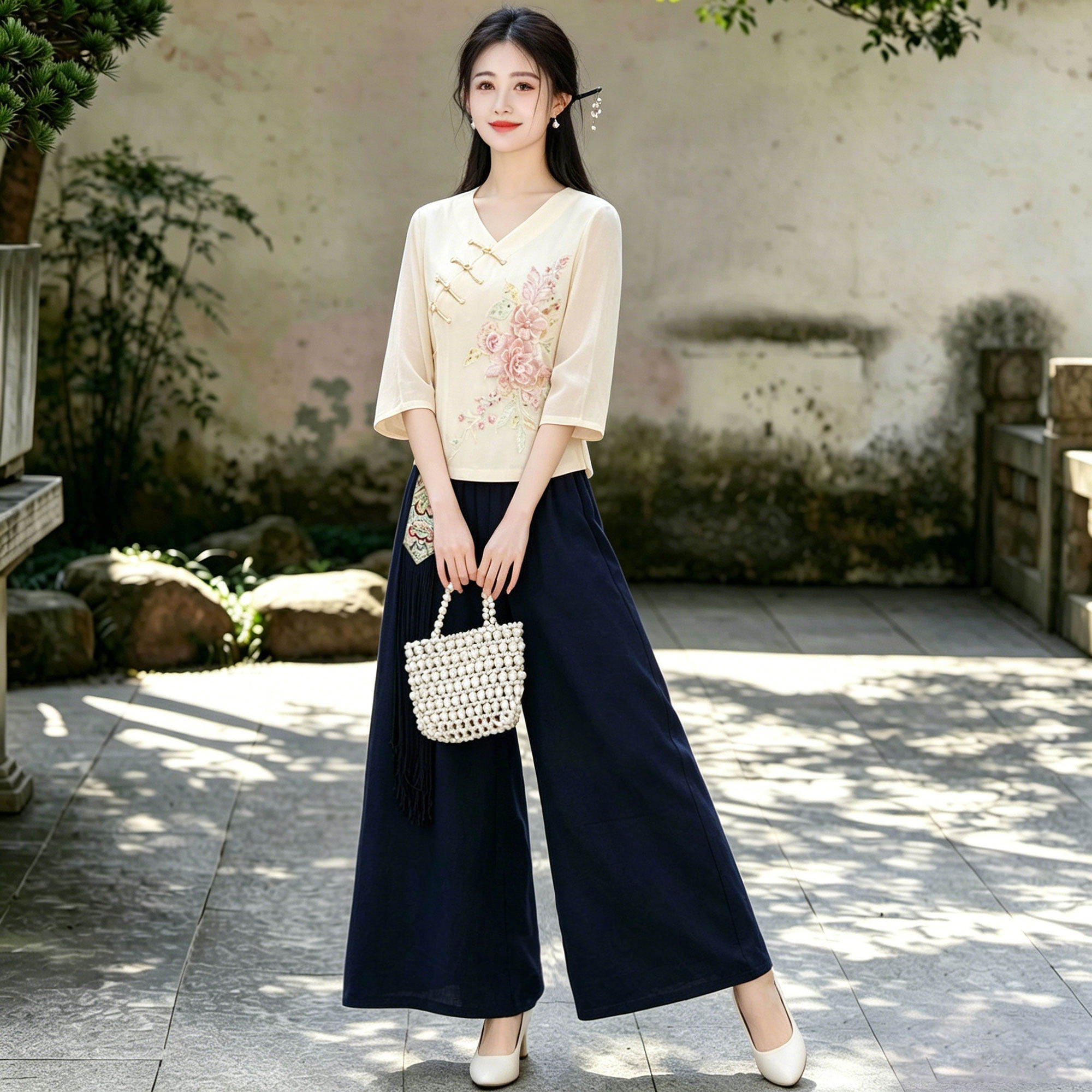 新中式刺绣茶艺师工作服两件套