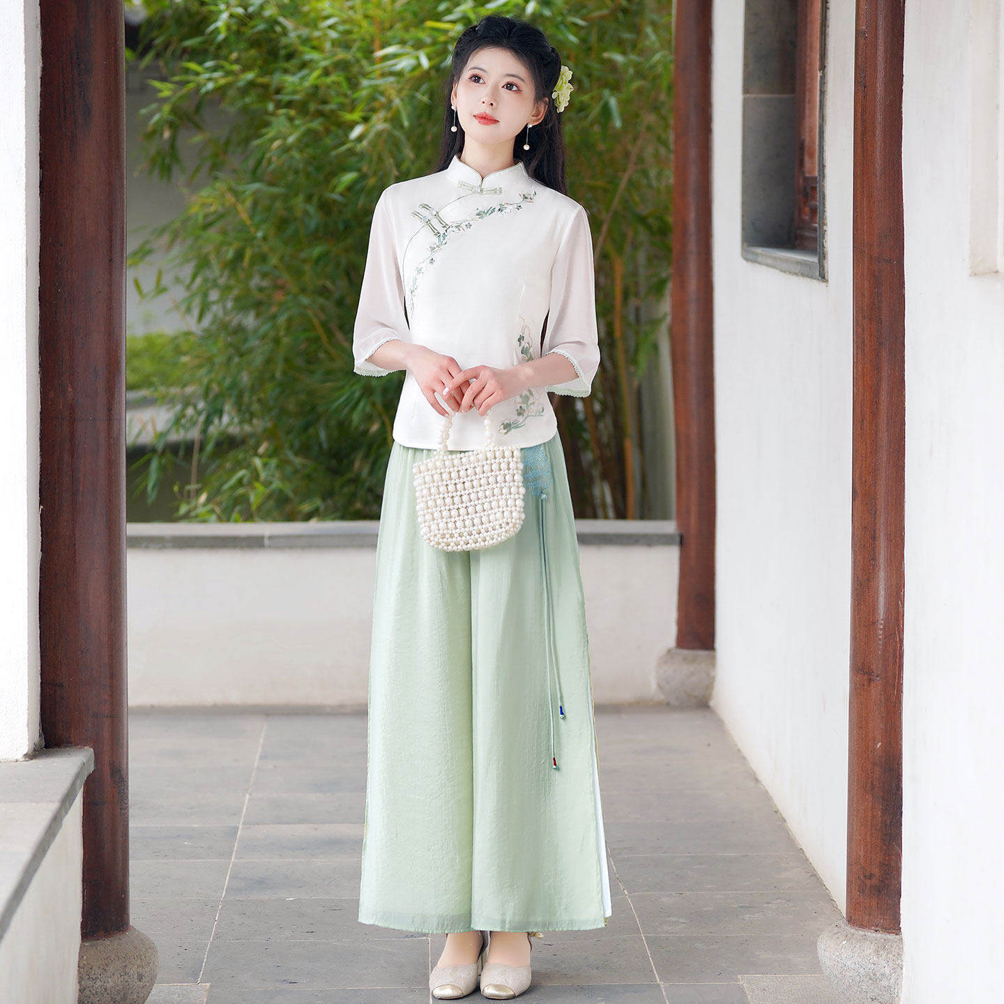 禅意茶服女夏中式改良旗袍上衣雪纺汉服套装文艺复古养生馆工作服