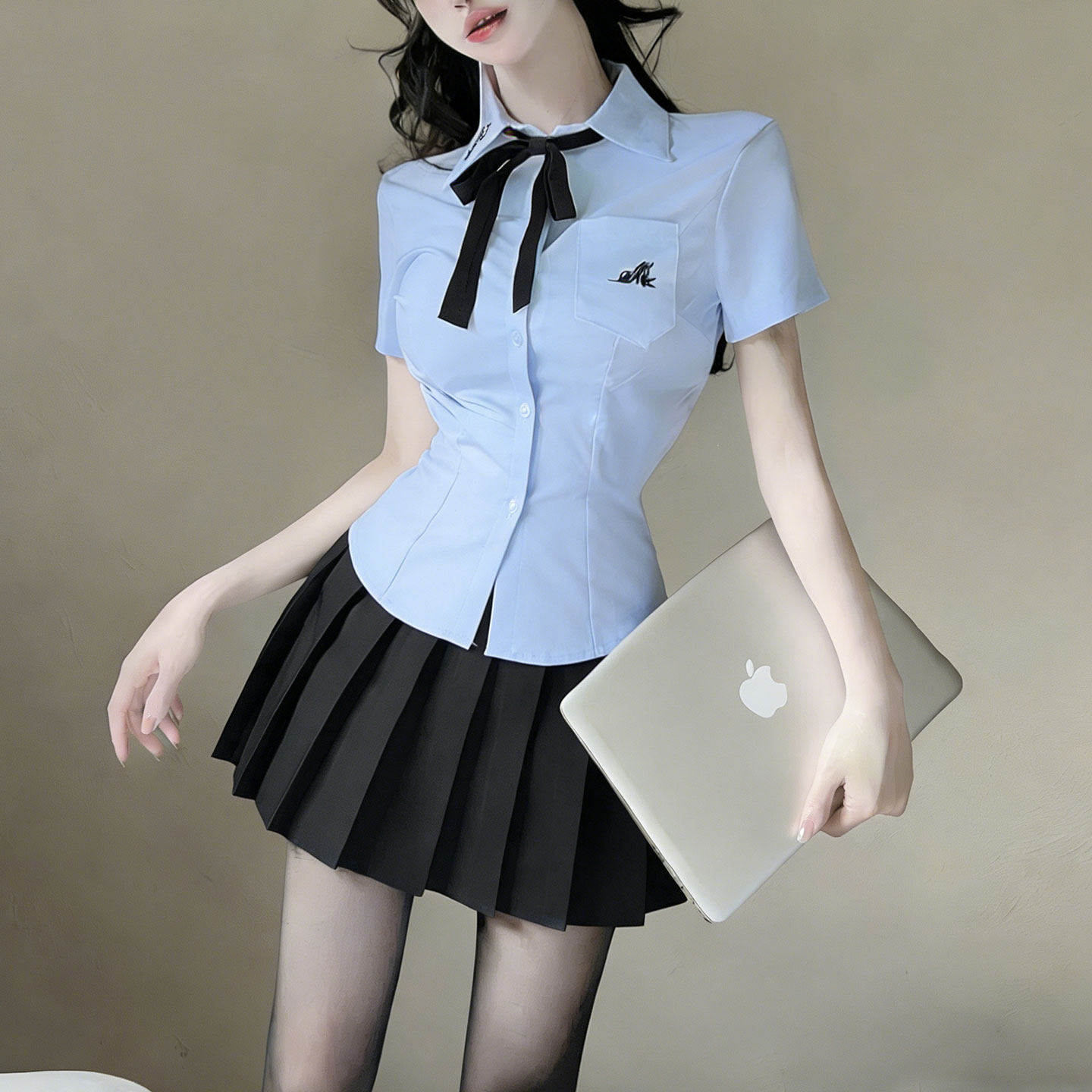 高端美容院前台工作服夏衬衫黑色短裙职业套装 会所迎宾接待制服 - 实物图