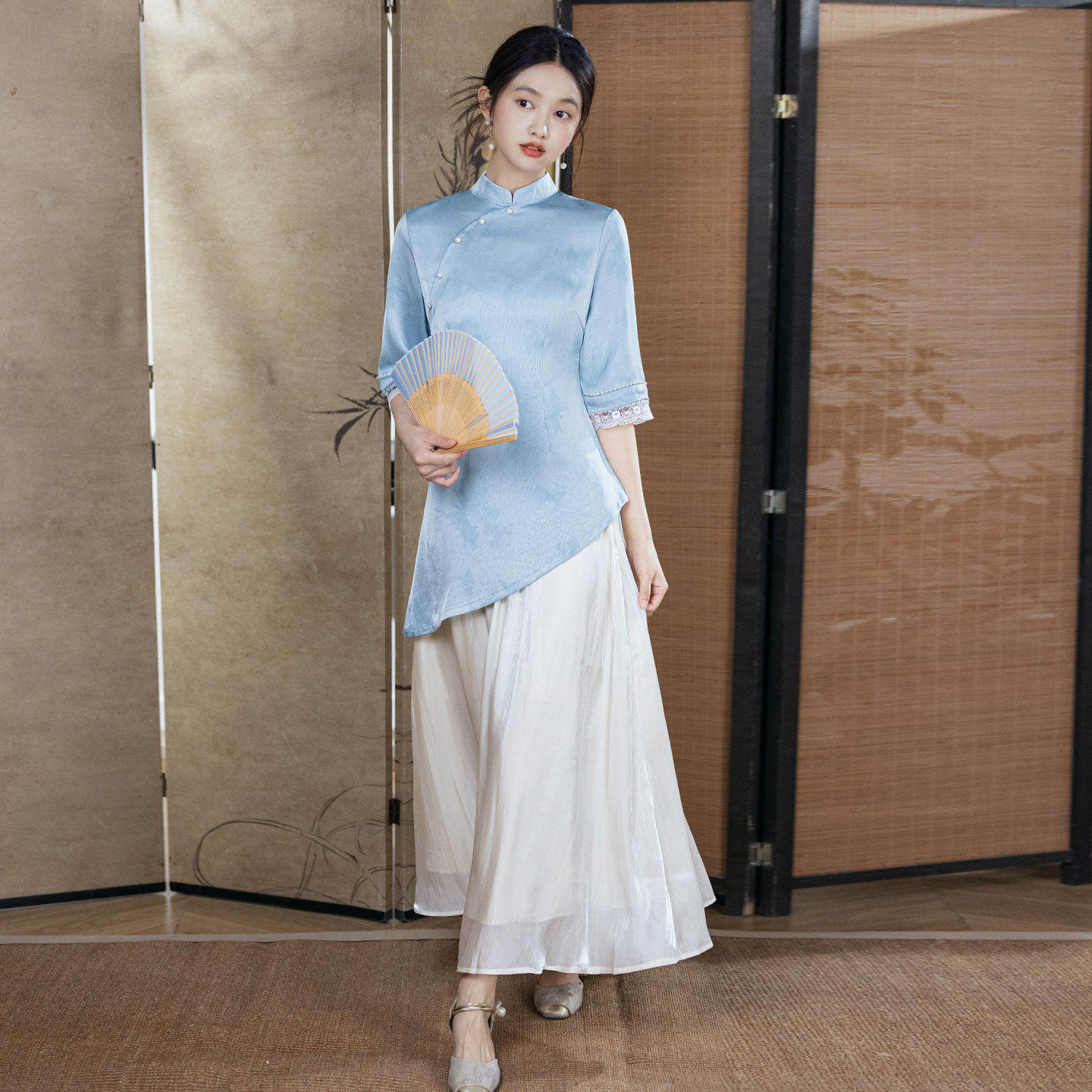 足疗店工作服女斜襟立领旗袍上衣仙气白纱裙养生馆套装茶艺师服装
