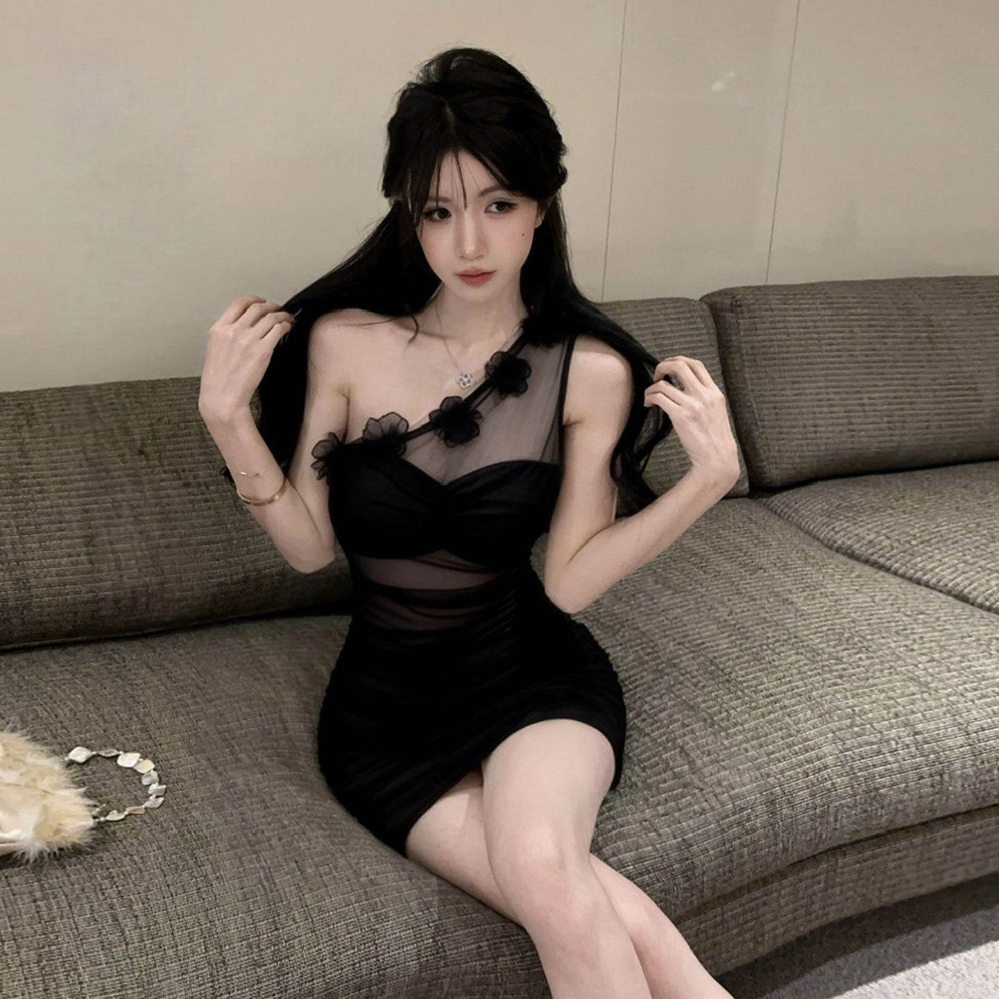 御姐风黑色抹胸连衣裙夏季性感制服ktv透视包臀裙夜店聚会小礼服