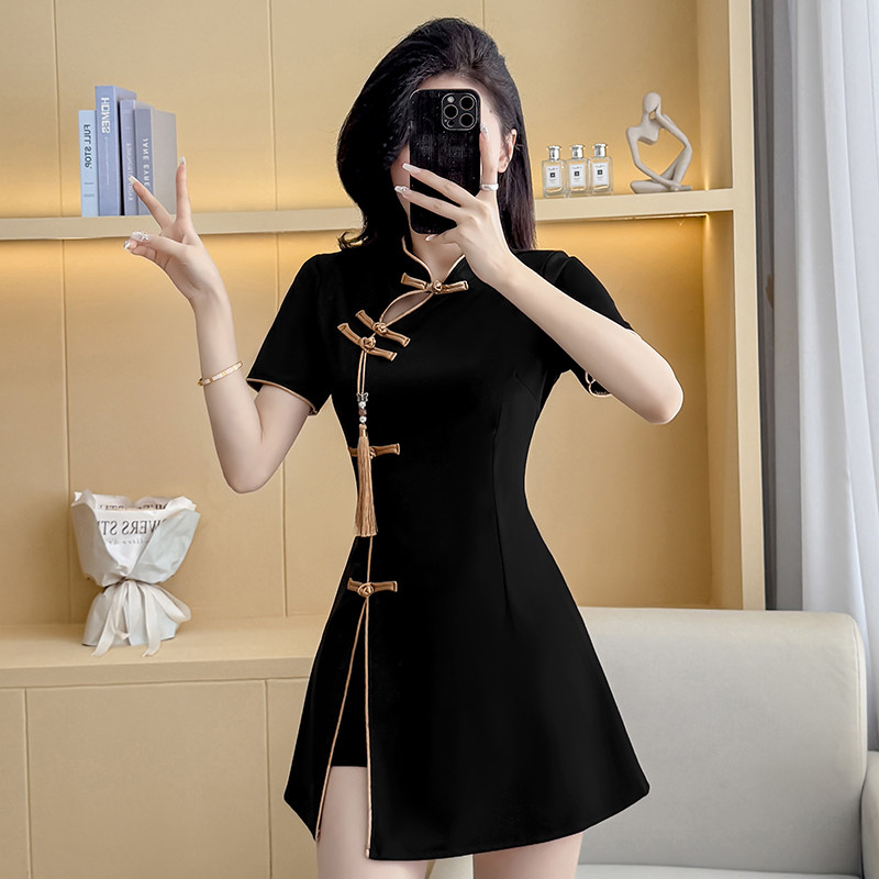 新中式复古改良旗袍连衣裙显瘦高腰短裤足浴师高端工作服女美容院
