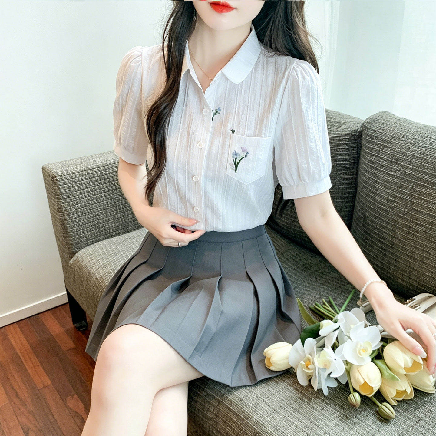 美容师制服女夏足浴店技师工作服白色衬衫上衣百褶裙两件套小个子
