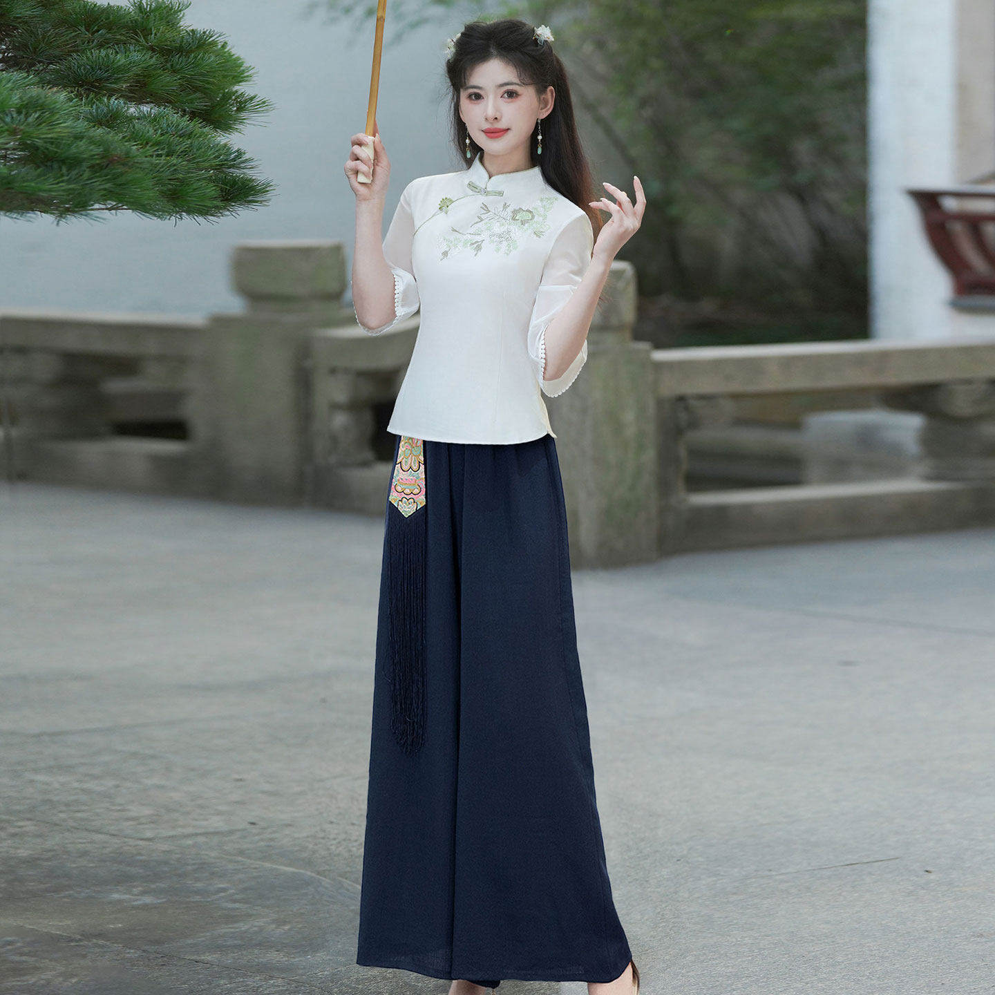 夏天薄款新中式改良旗袍裙上衣女刺绣民国风茶服汉服茶艺师工作服