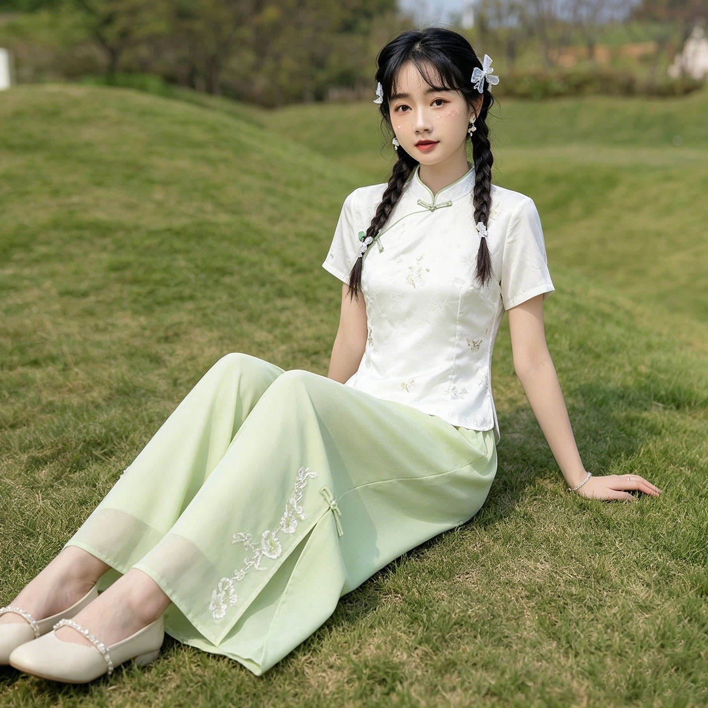 新中式国风套装女春夏刺绣盘扣立领上衣搭配绿色阔腿裤汉服两件套