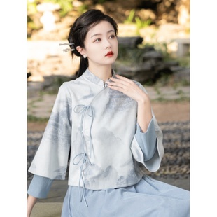 秋冬汉服中国风旗袍改良年轻款少女复古上衣中式茶楼茶艺师工作服