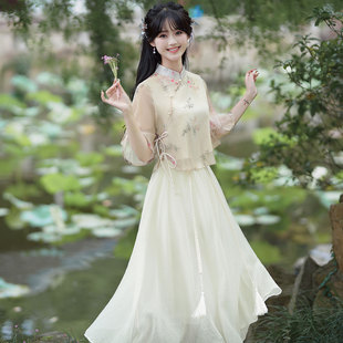 新中式民国风旗袍套装复古改良汉服年轻款少女养生茶艺师工作服装